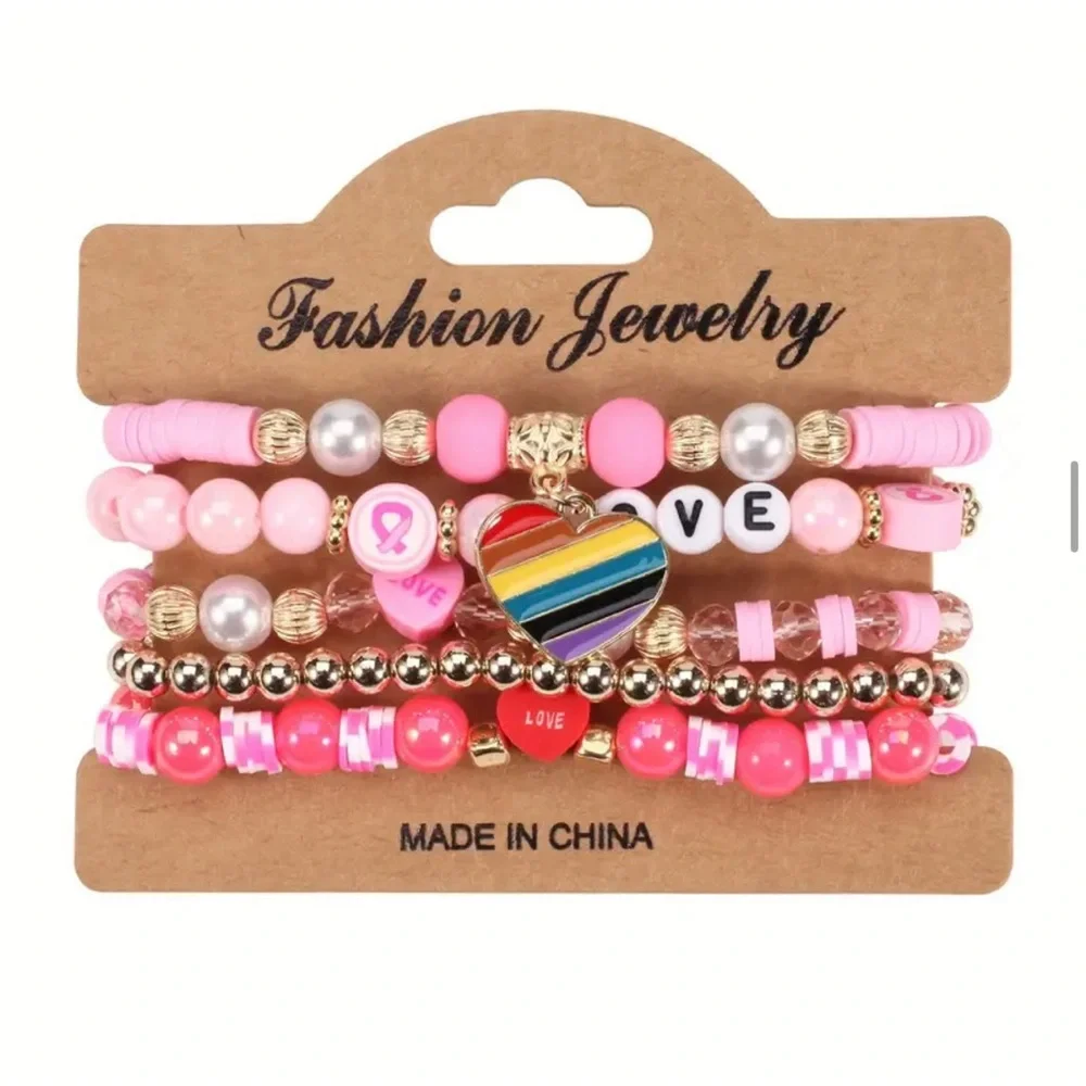 NWT! Fashion Jewelry 5 pink and gold beaded stackable stretch bracelets